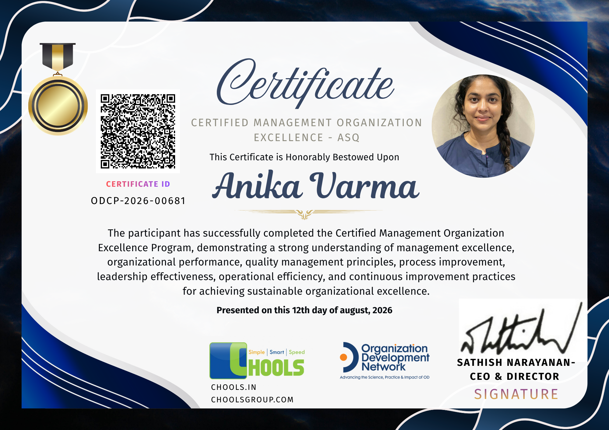 Certified Management Organization Excellence - ASQ Program Certificate